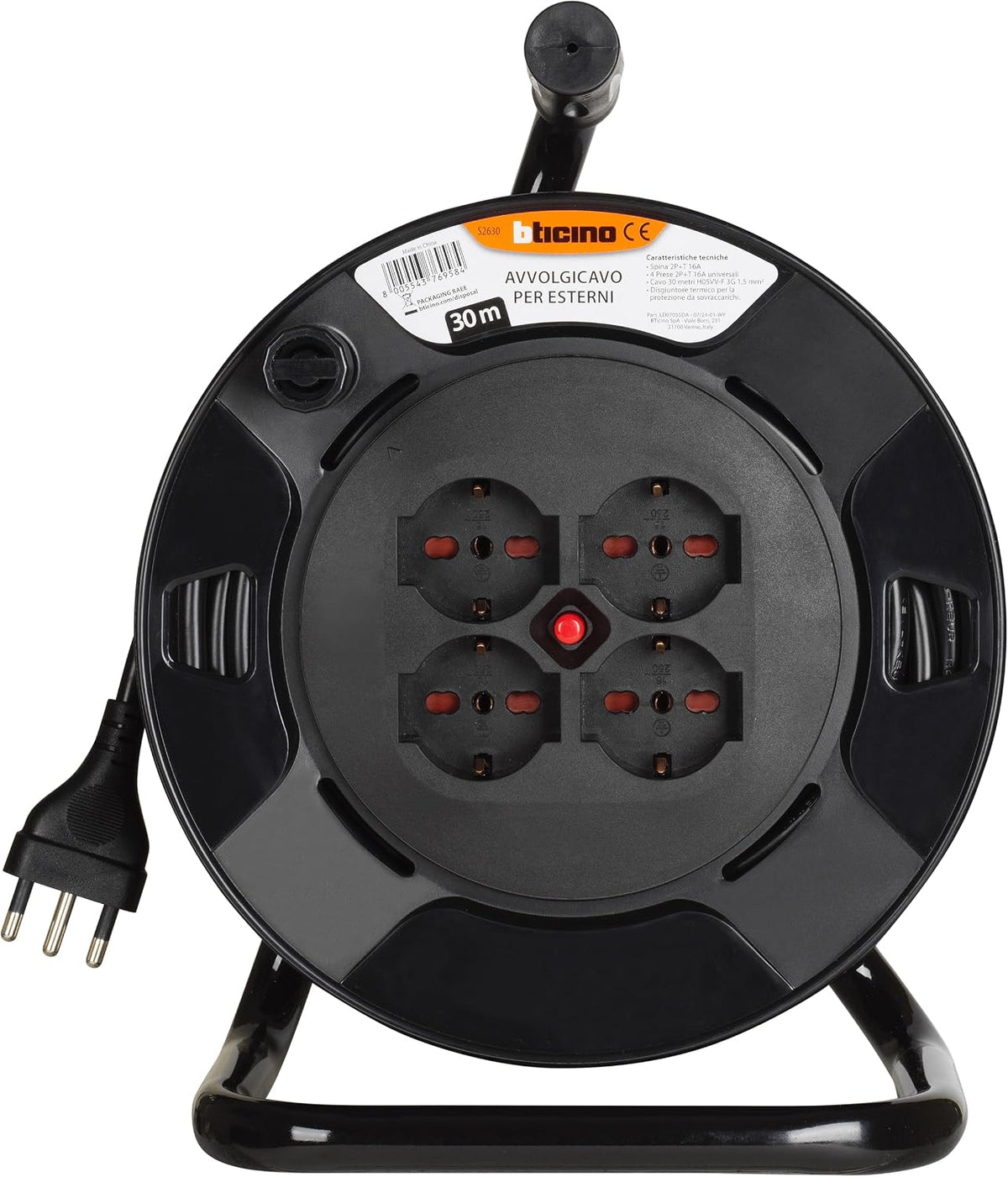 BTICINO Cable Reel S2630, Electric Extension 30 Metres, 4 Schuko Sockets, Double Pole, Large 16 A Plug, Thermal Switch, Ergonomic Handle, Cable Holder and Cable Reel, Full Black