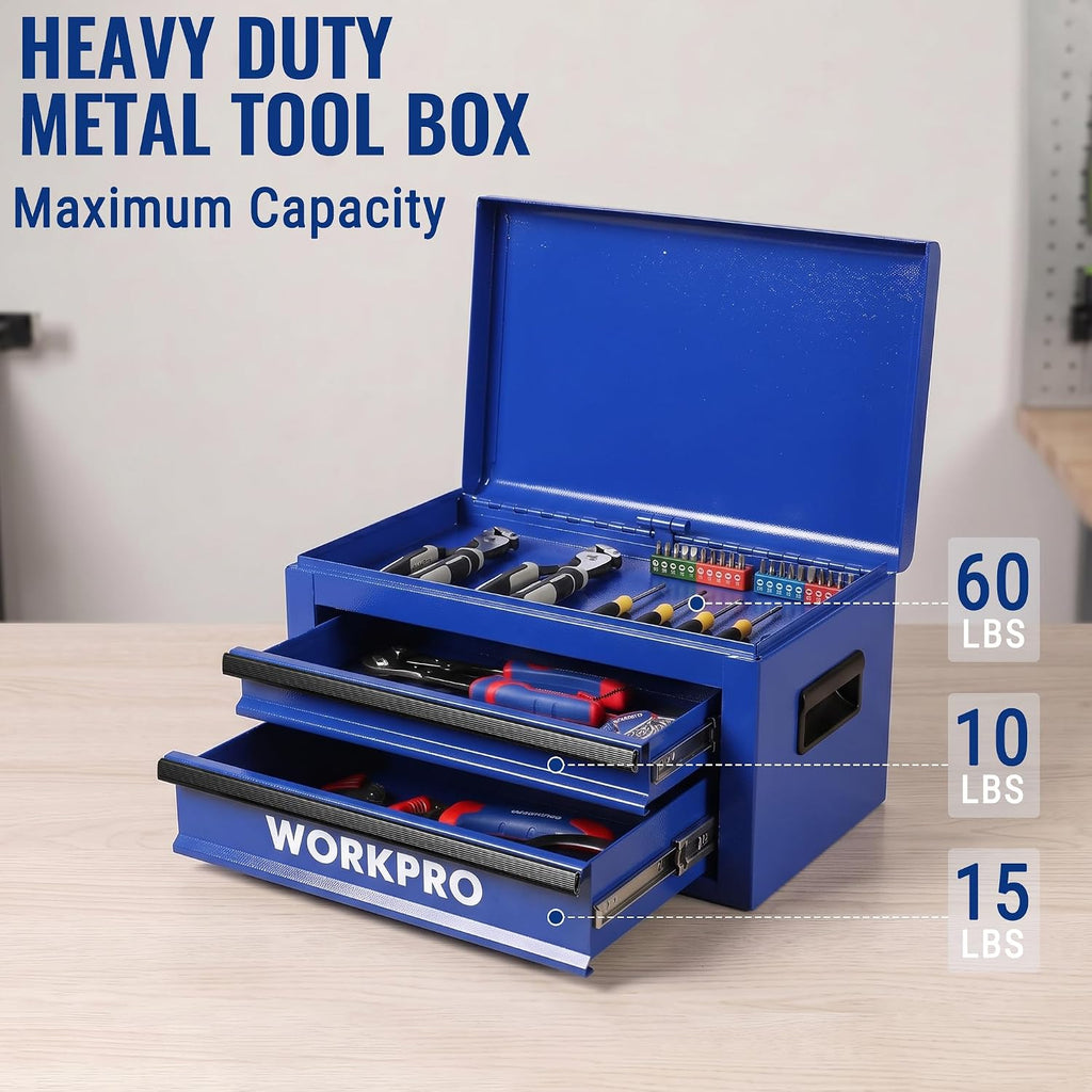 workpro 15＂ heavy duty metal toolbox with 2, close-up detail