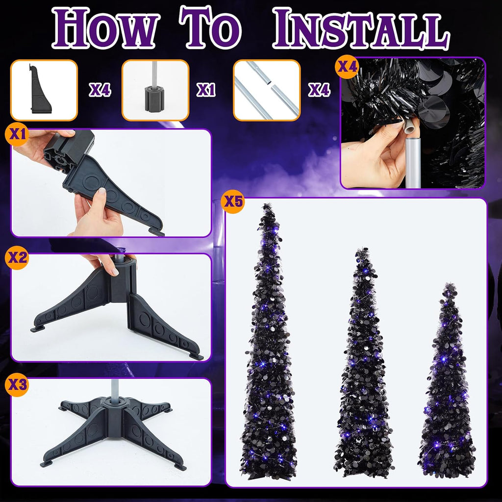 Shappy 3 Pcs 4/5/6 Ft Black Tinsel Halloween Tree with Purple Lights