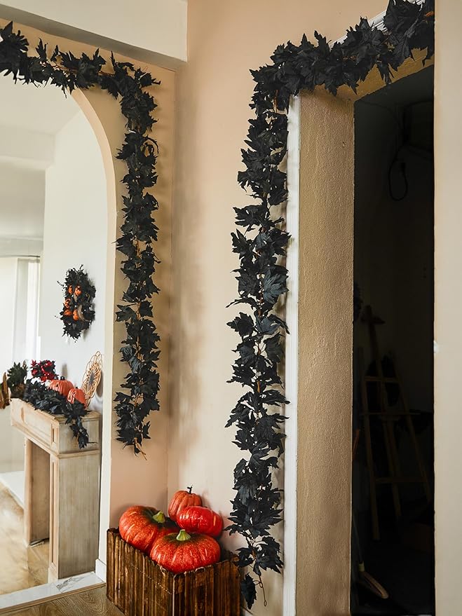 PARTY JOY Black Artificial Maple Leaf Garland - 6PCS 5.6Ft Halloween Decor, Gothic Fall Vines for Front Porch, Thanksgiving Autumn Table Centerpiece & Wall Hanging