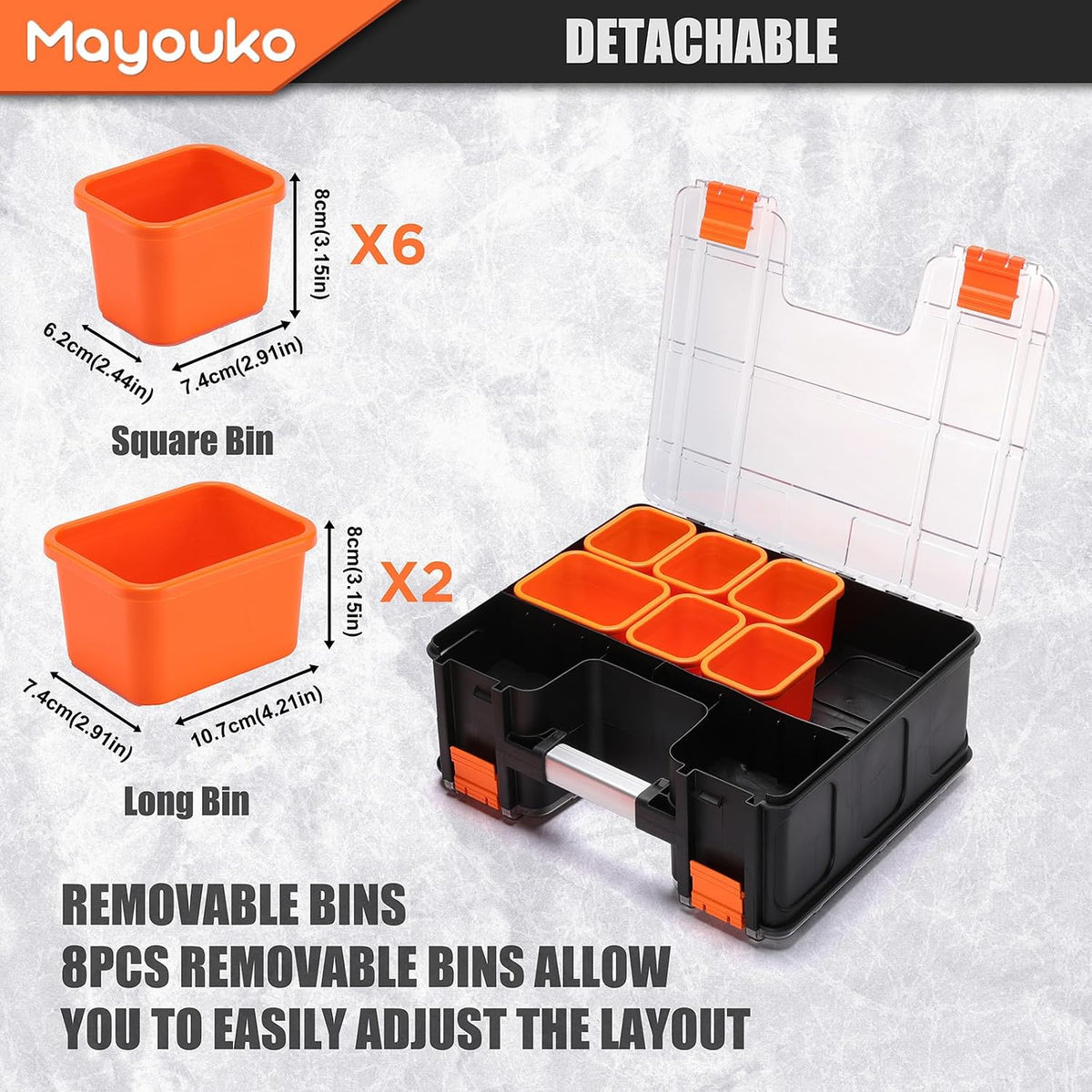 Mayouko Double Side Tool Box with Transparent Lid, 8 Movable Small Trays & Removable Dividers, Multi-Function Small Parts Organizer, for Hardware, Screws, Bricks, Nails, Jewelry and Fishing Tackle