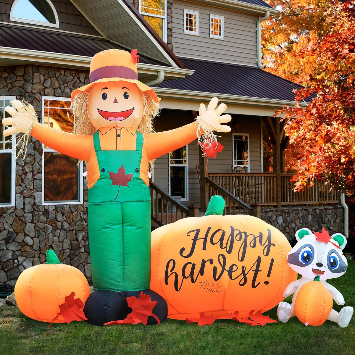 DomKom 6ft Tall LED Lighted Inflatable Scarecrow and Pumpkin – Halloween Thanksgiving Fall Yard Decoration with Built-in Lights – Outdoor Blow Up Decor for Lawn, Garden, Party
