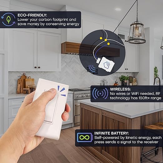 RunLessWire Single Pole Battery-Free DIY Wireless Light Switch Kit 150ft RF