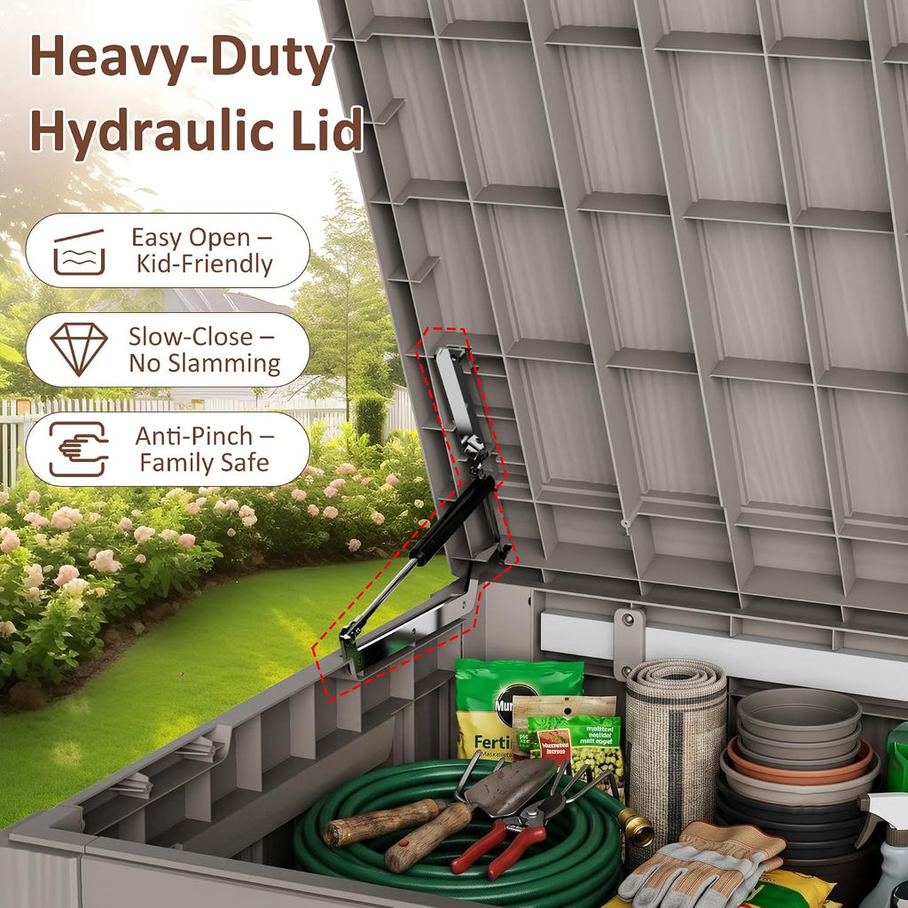 260 gallon large resin deck box, heavy duty, side view