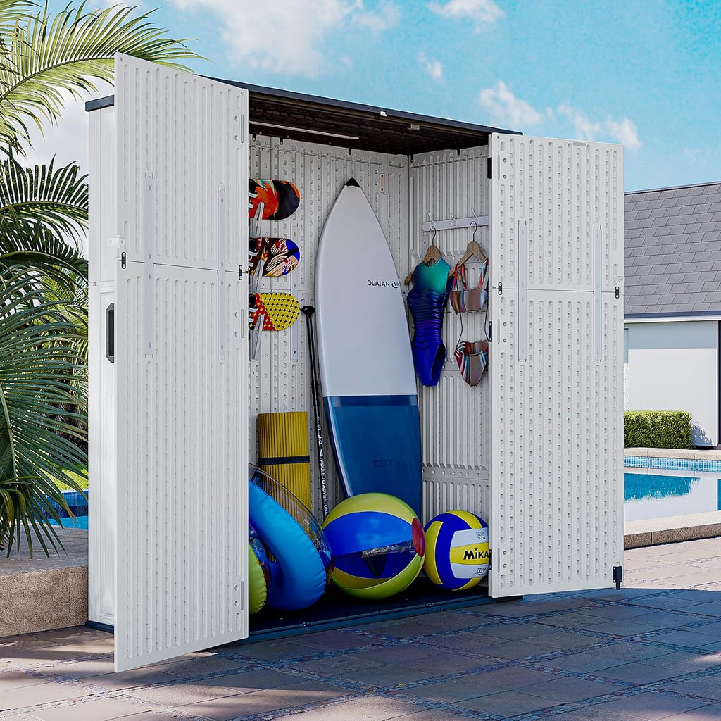 AOXUN Horizontal Storage Sheds 61 Cu.ft, HDPE Outdoor Storage Box 160 Gallon, Waterproof Lockable Resin Deck Box with Spring-Assisted Lid, Patio Storage for Garden, Pool, Cushions, Tools, White