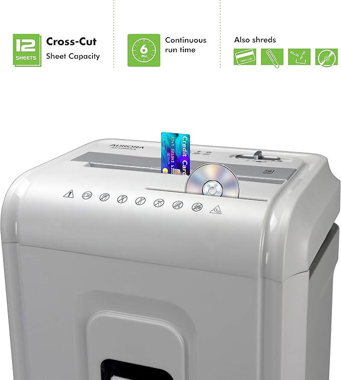 Aurora AU1262XA Anti-Jam 12-Sheet Crosscut Paper and CD/Credit Card Shredder