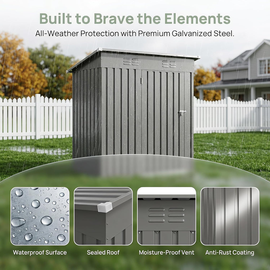 5x3 ft outdoor storage shed, metal tool shed, close-up detail