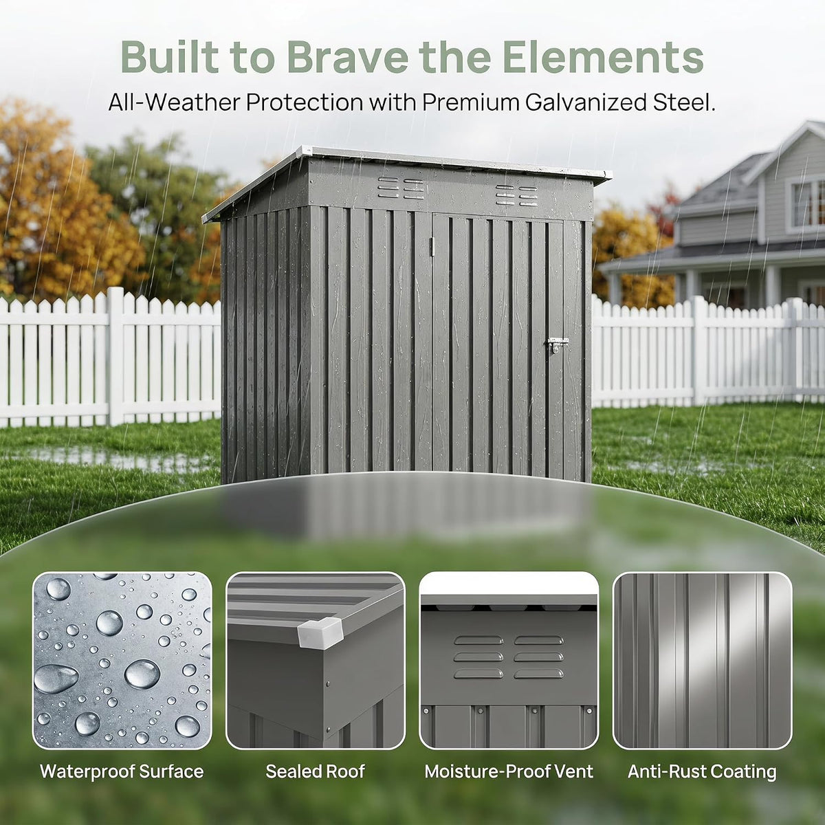 5x3 ft outdoor storage shed, metal tool shed, close-up detail