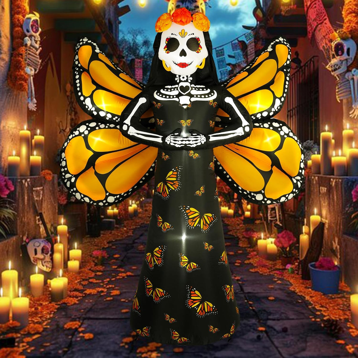 Dia de Los Muertos Decoration, 6 FT Halloween Inflatables Décor Day of The Dead Spooky Sugar Skull Butterfly Wings, Halloween Blow up Yard Decorations with Built-in LED for Altar Garden, Lawn