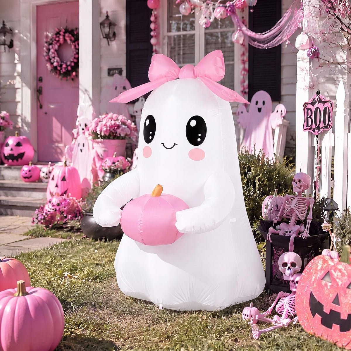 6 ft Pink Bow Halloween Inflatable Ghost Outdoor Decoration