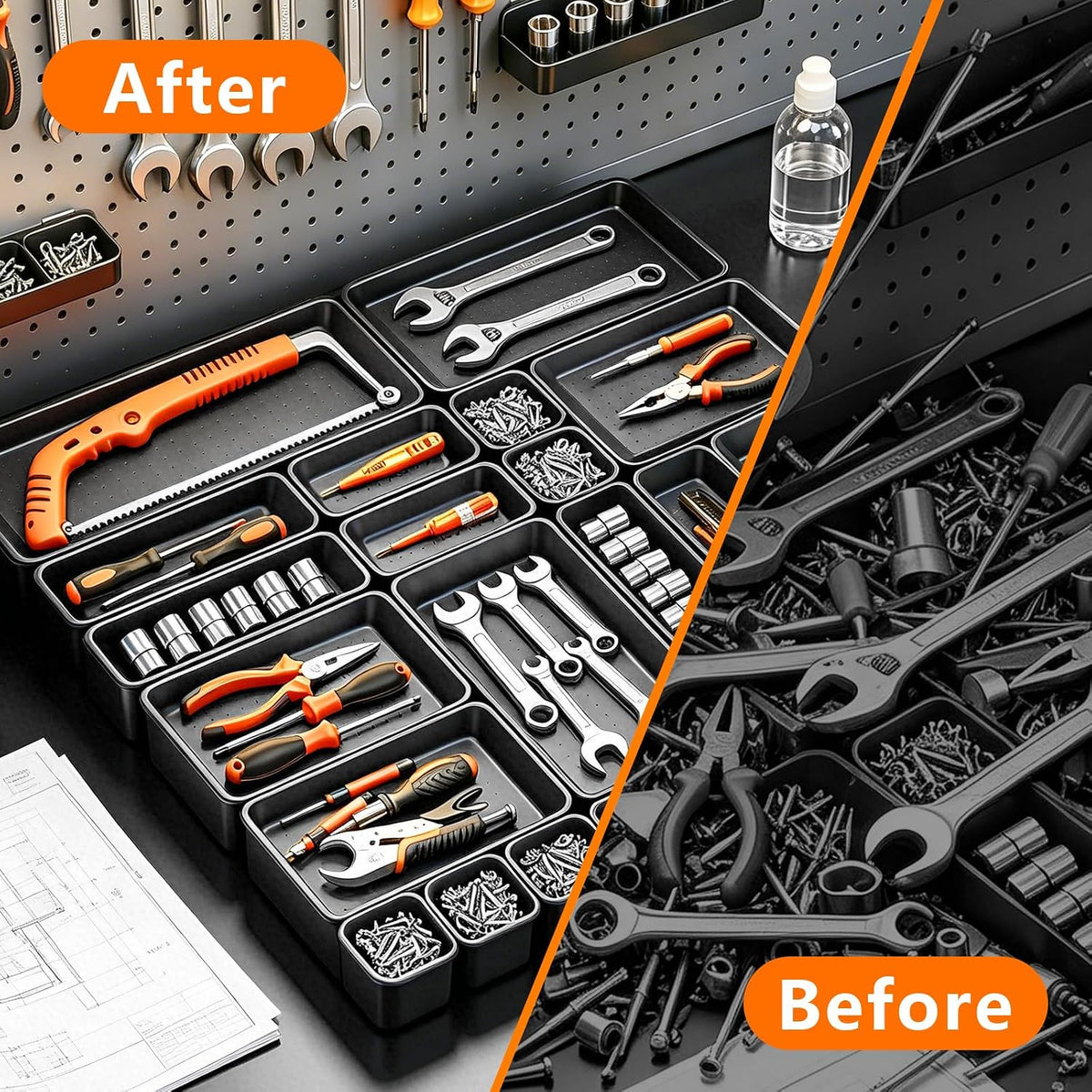upgraded 6 size & 62 pcs tool box, side view