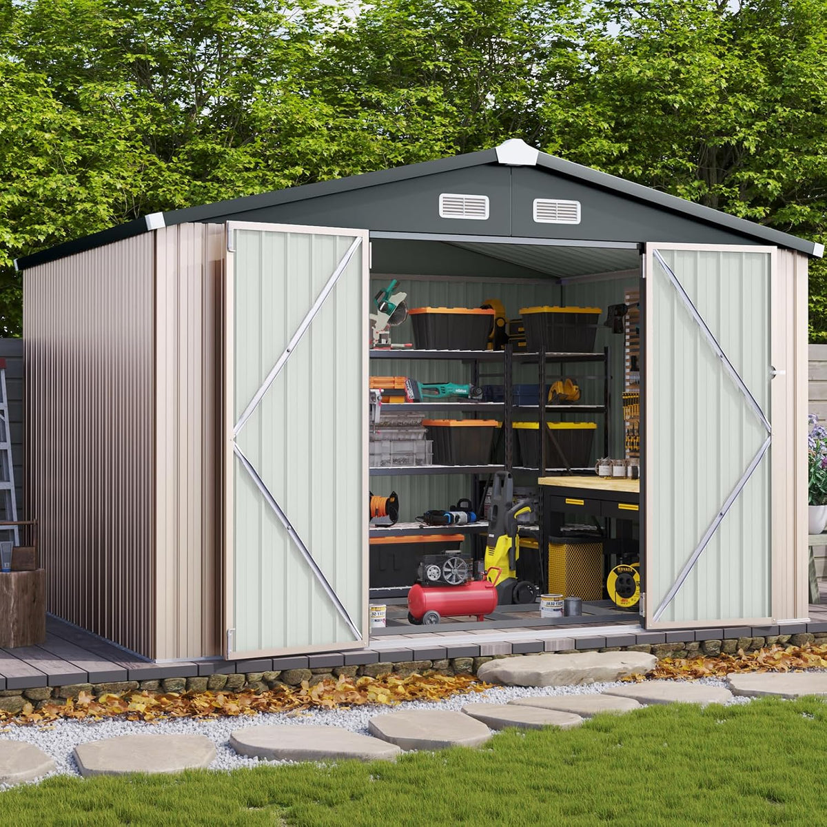 Aoxun 8x10 FT Shed Outdoor Storage Shed with Base, Brown