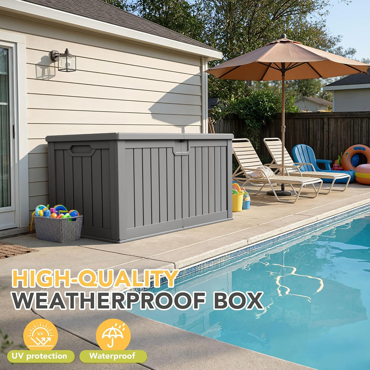 240 gallon hdpe deck box outdoor indoor waterproof showing dimensions