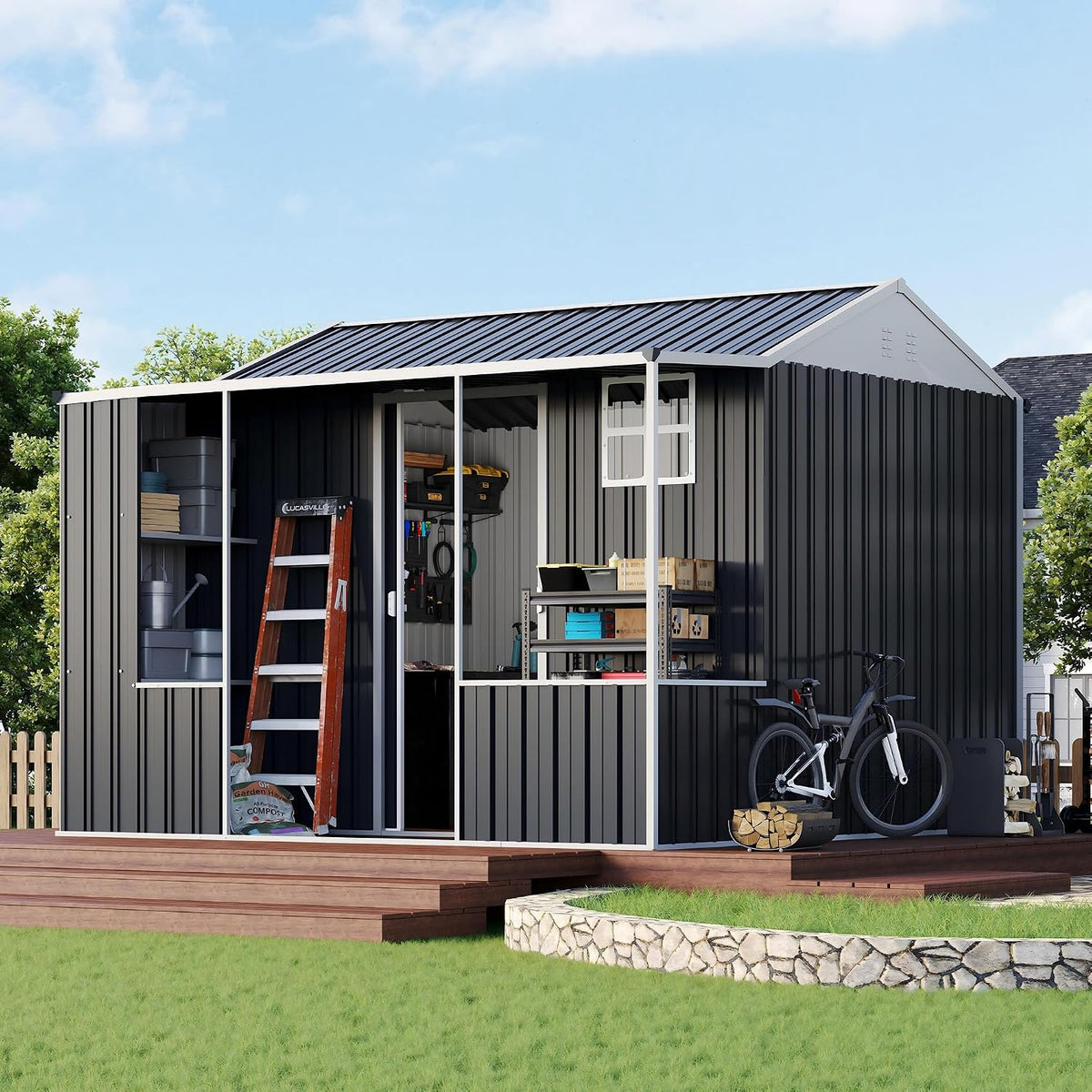 VanAcc 9x9x7 FT Metal Shed with Dual Storage Zone and Work Area