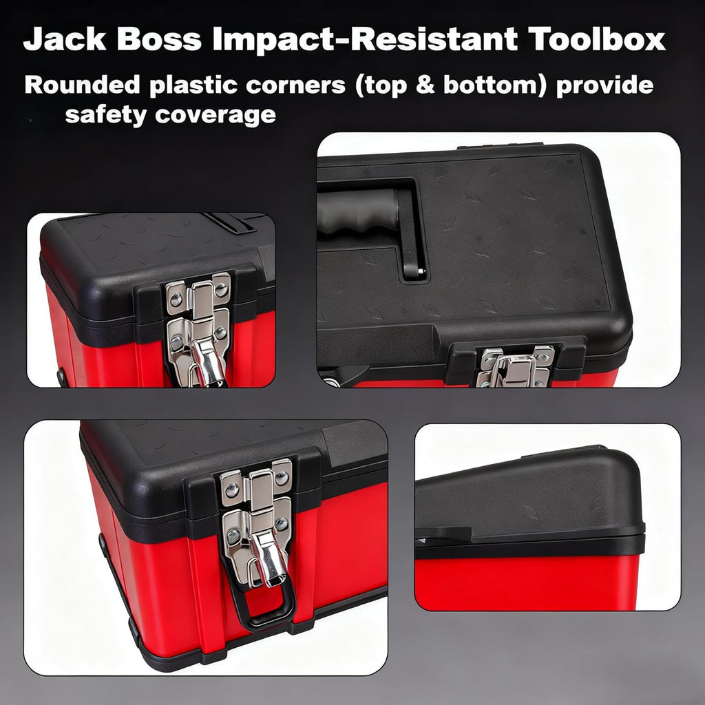 Jack Boss Steel Tool Box 15.5 Inch Small Portable Tool Organizer Box with Built-in Short Non-slip Handle Car Box with Removable tray (Pack of 2)