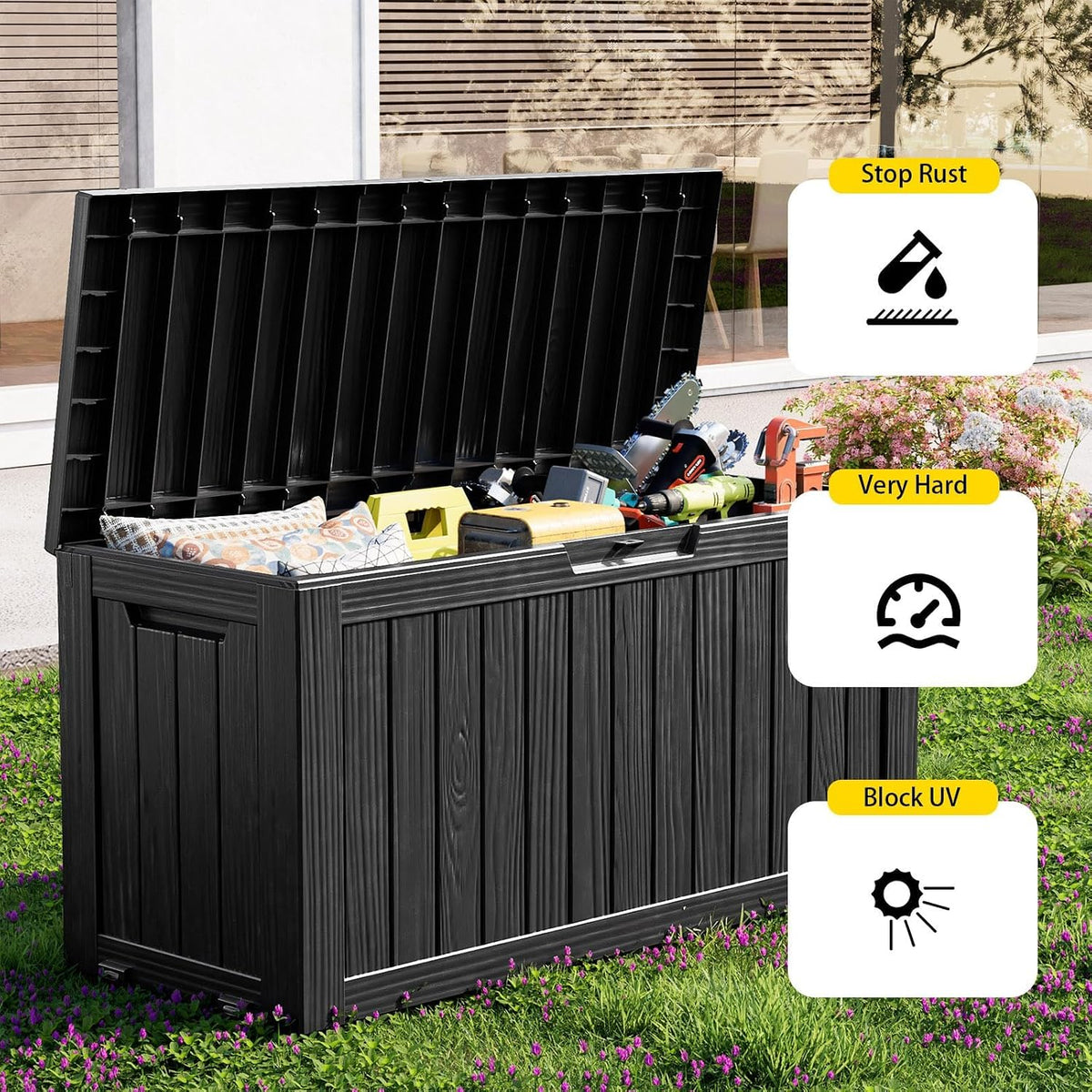 lockable resin storage bench, waterproof uv resistant outdoor, side view