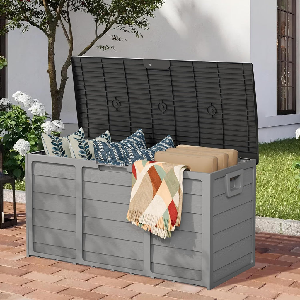 75 gallon outdoor deck storage box, patio resin, close-up detail