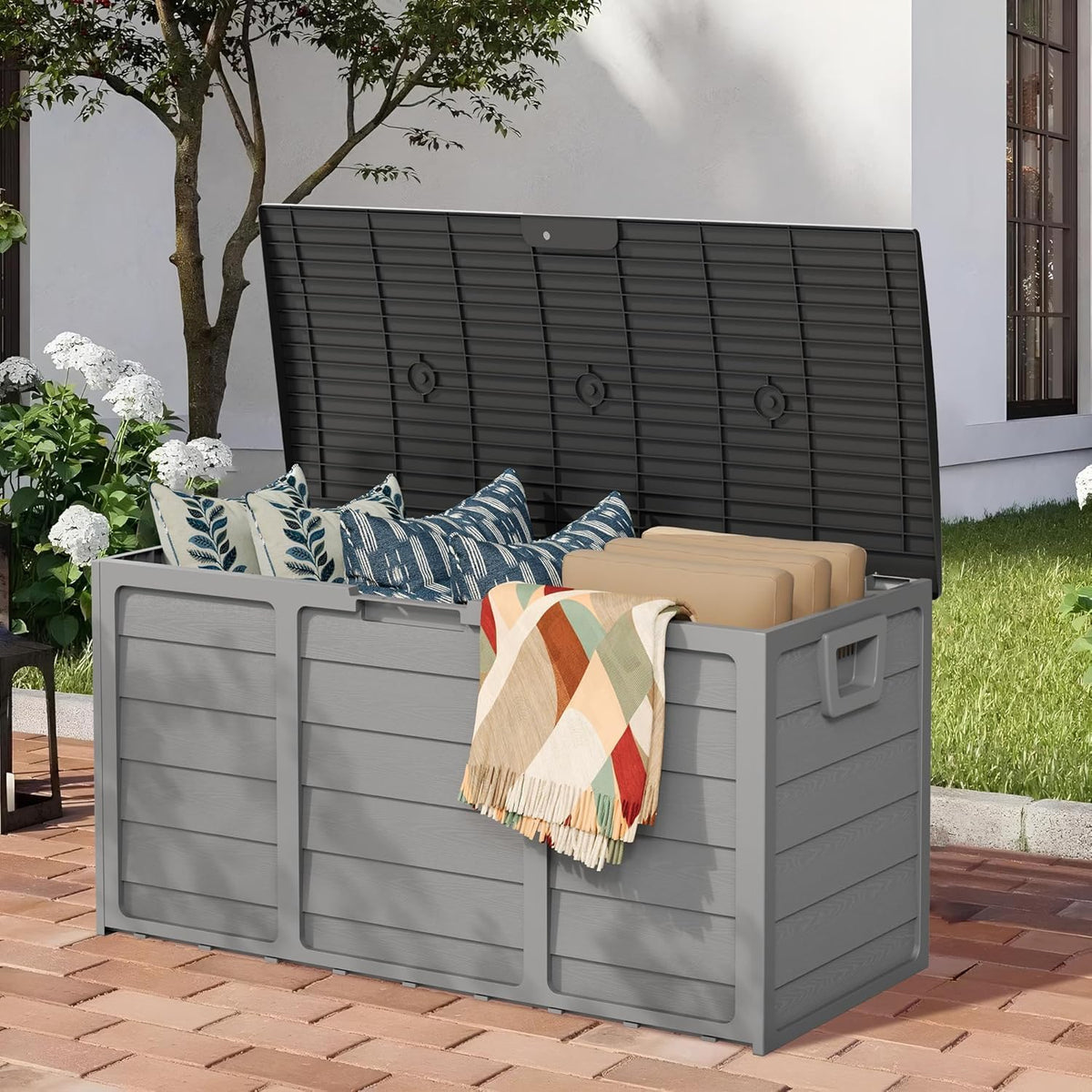 75 gallon outdoor deck storage box, patio resin, close-up detail