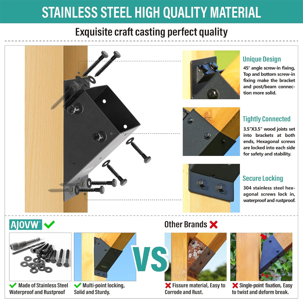45 degree pergola angle support brackets, 4x4 wood, close-up detail