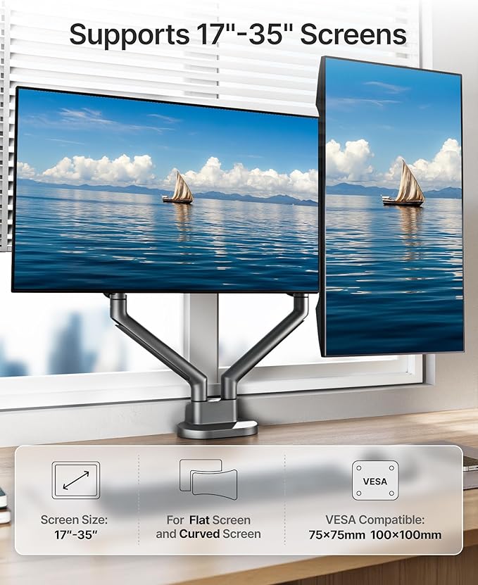 monTEK Dual Monitor Stand for 2 Screens 17 to 35 Inch, Heavy Duty Monitor Mount