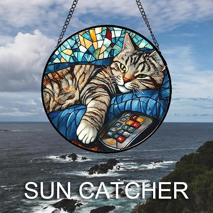 DASTOLL Stained Glass Window Hanging Gray Cat and Remote Control Large 11.8"