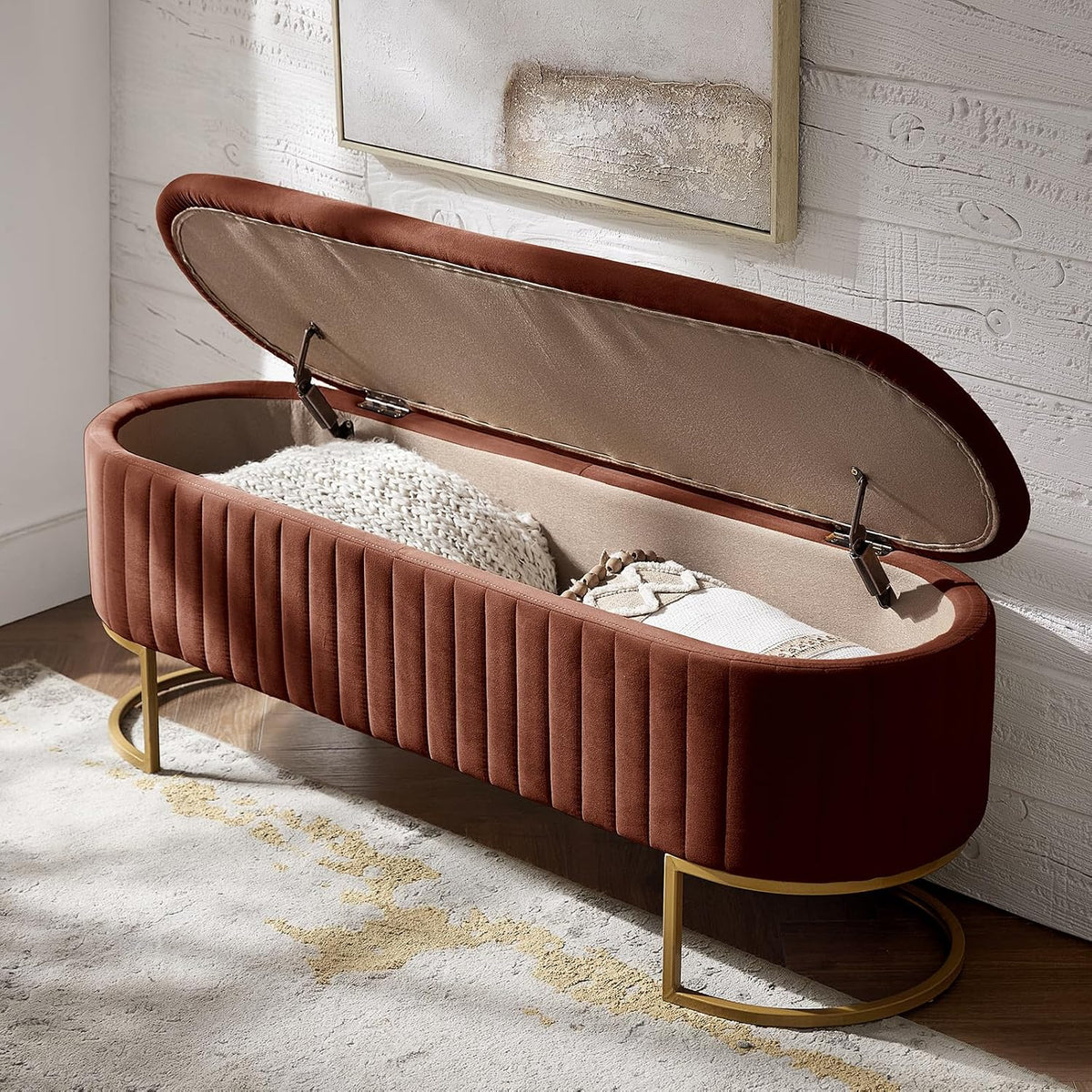 EcoHarbor Living 50.5" Storage Bench Velvet Bedroom Ottoman,Upholstered End of Bed Bench with Gold Legs,Flipping Lid Entryway Footrest, Burn Brick