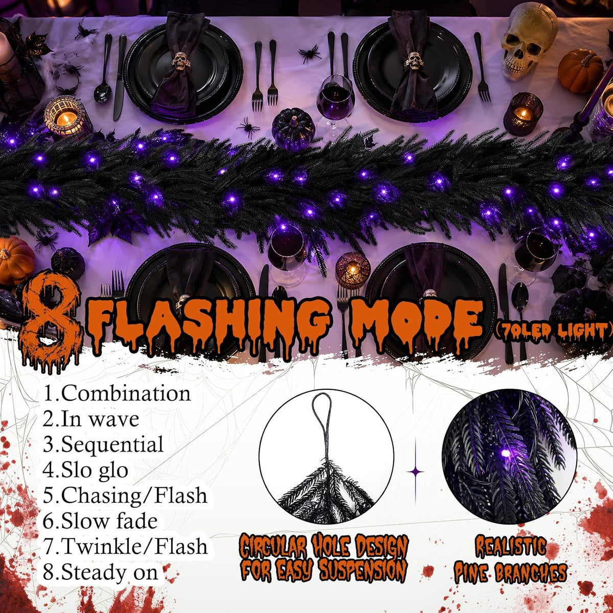 N&T NIETING 9FT Black Halloween Pre-Lit Garland with 70 LED Lights Real Touch Artificial Norfolk Pine Garlands for Table Fireplace Holiday Indoor Outdoor Halloween Decorations (1 Pcs)