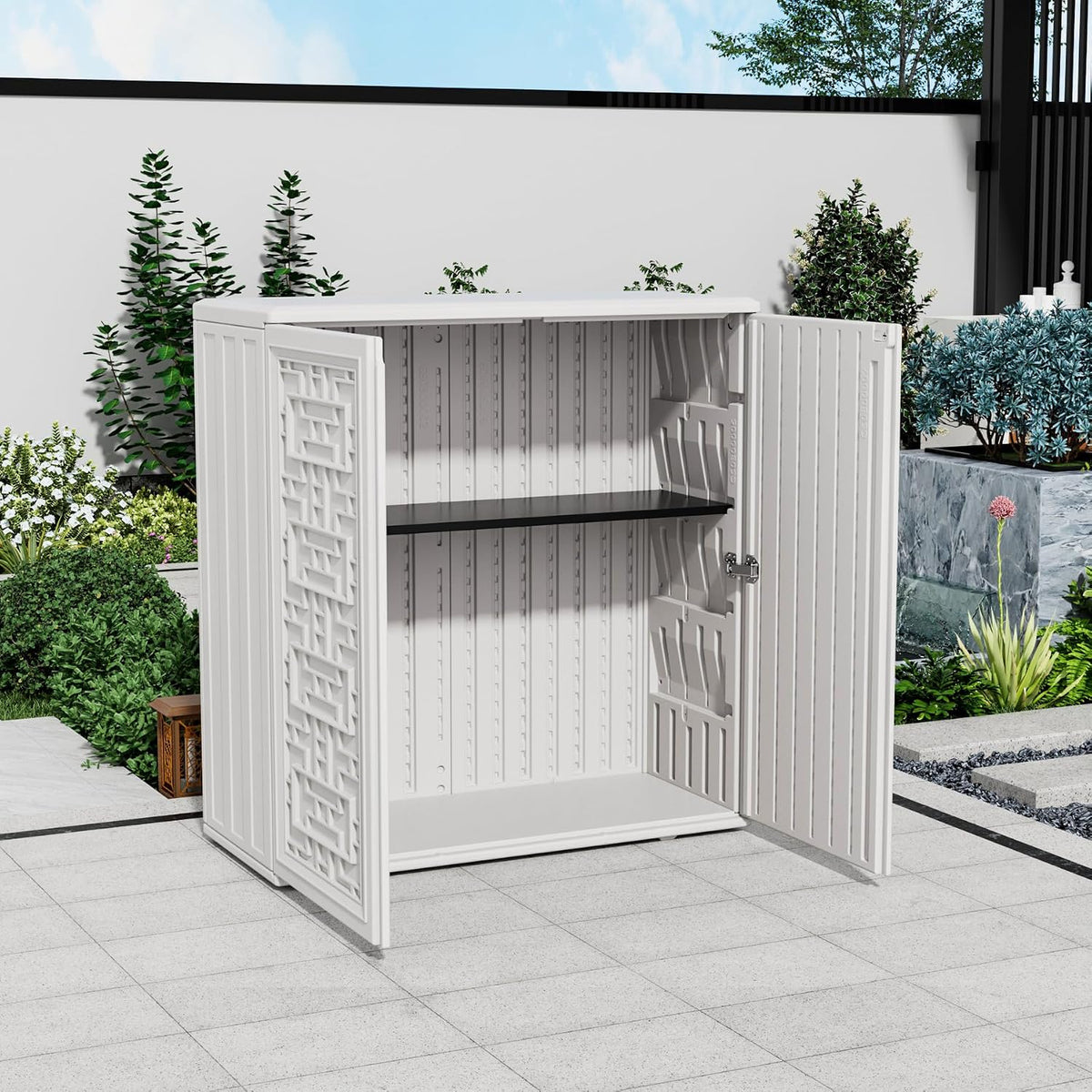 mrosaa waterproof outdoor storage cabinet with shelf,34.3''x15''x36.2'' shown in use