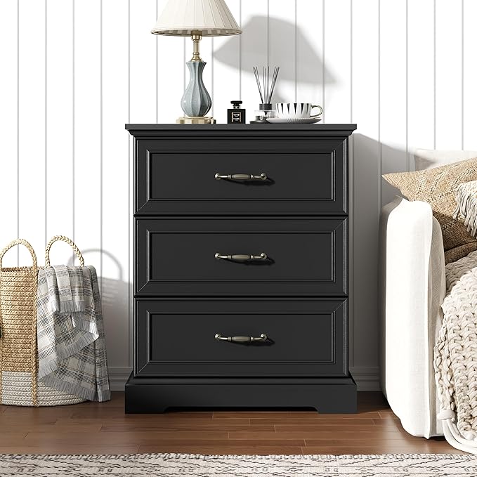 Nightstand with 3 Large Drawers, Rustic Farmhouse Wood Small Dresser, Bedside