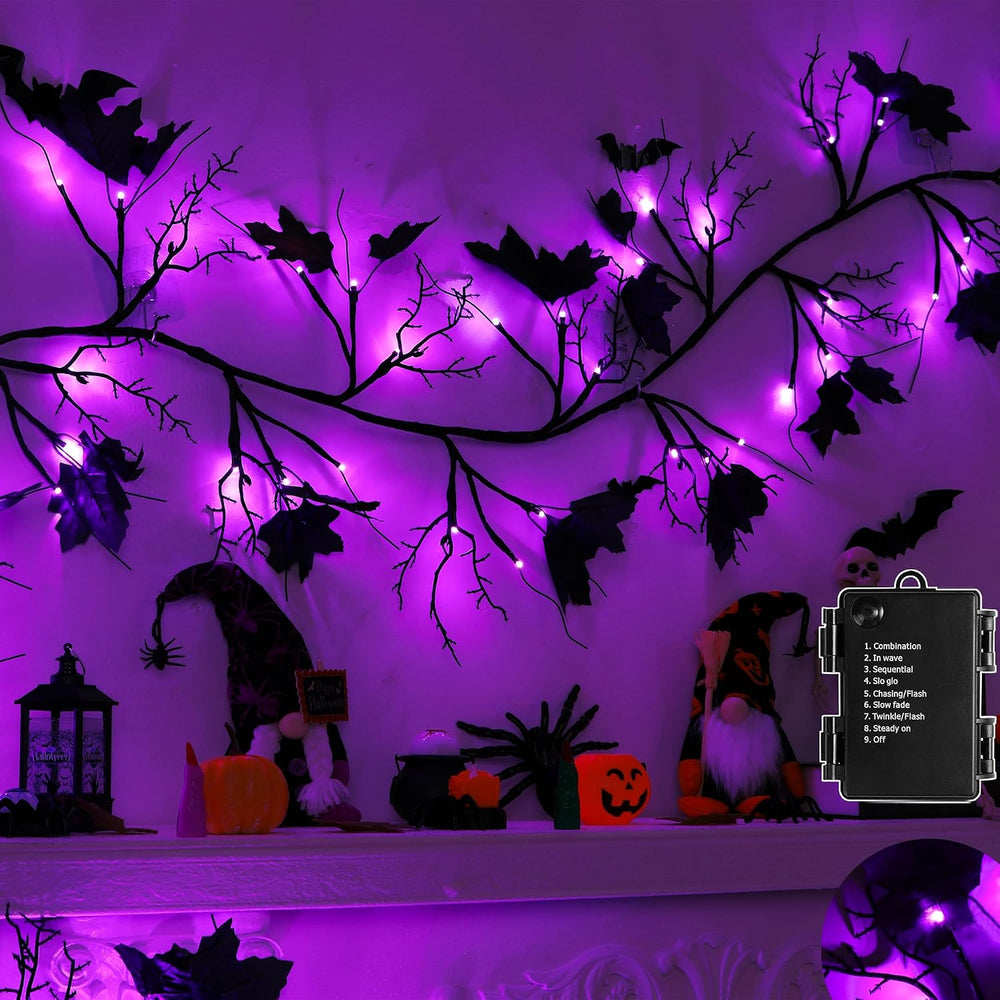FLYSNK 9 FT 72 LED Halloween Willow Vine Twig Decorations With Purple Lights ...