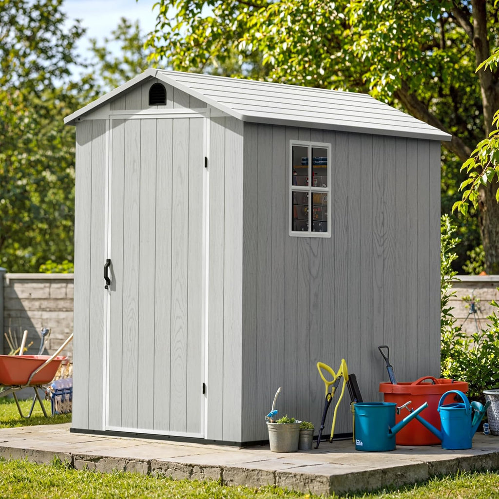 greesum 4x6ft plastic outdoor storage shed with floor on a desk or shelf