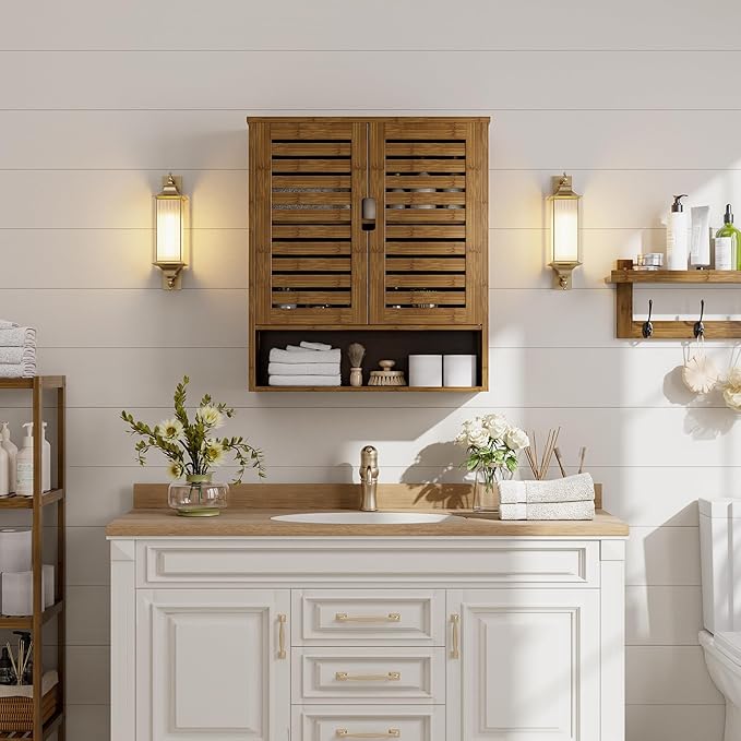 SMIBUY Bathroom Cabinet Wall Mounted, Bamboo Over-The-Toilet Storage Organizer