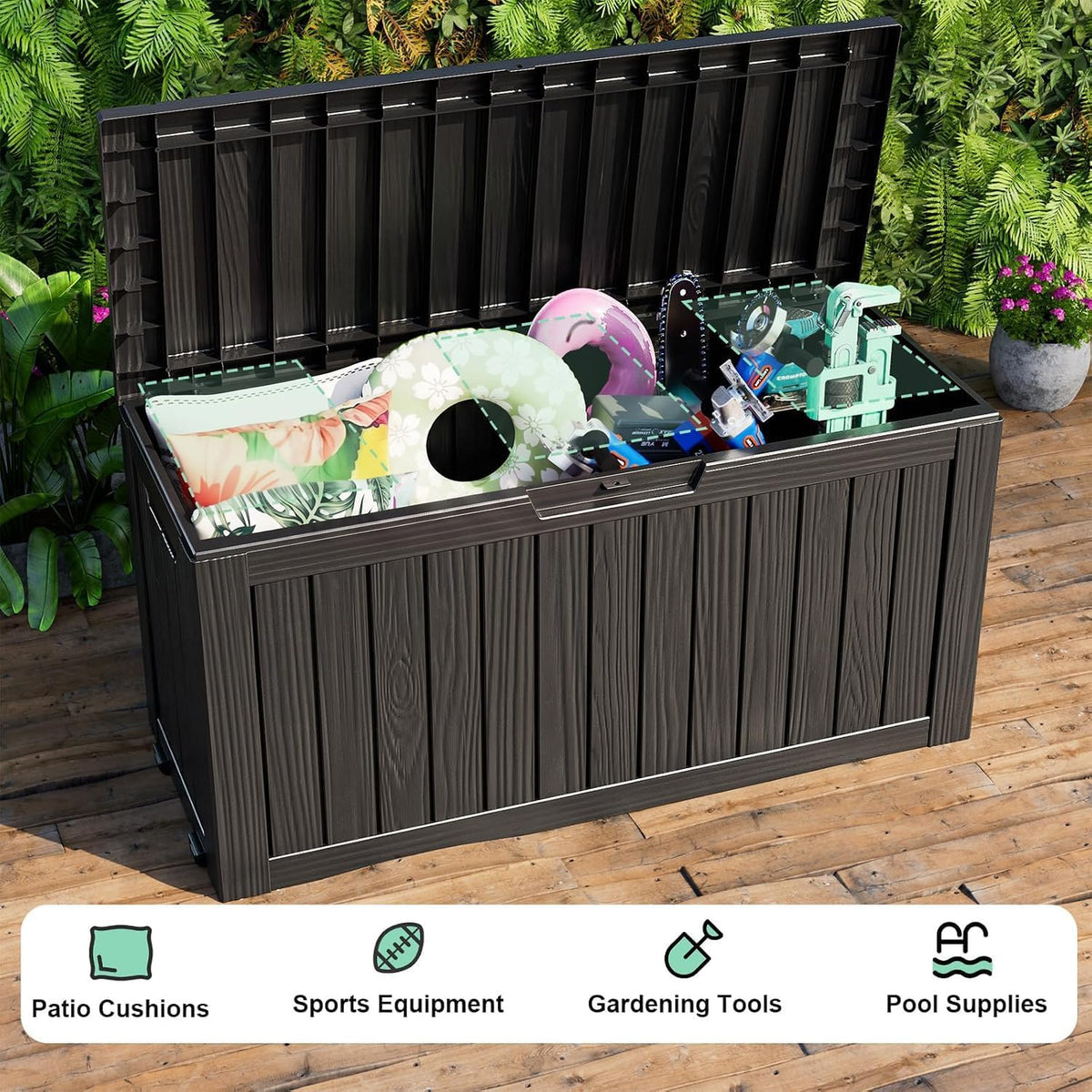 100 gallon outdoor storage box waterproof uv resistant showing dimensions