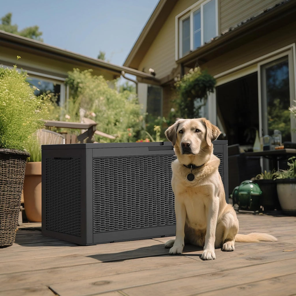 patiozen 120 gallon outdoor deck box,waterproof resin outdoor on a desk or shelf