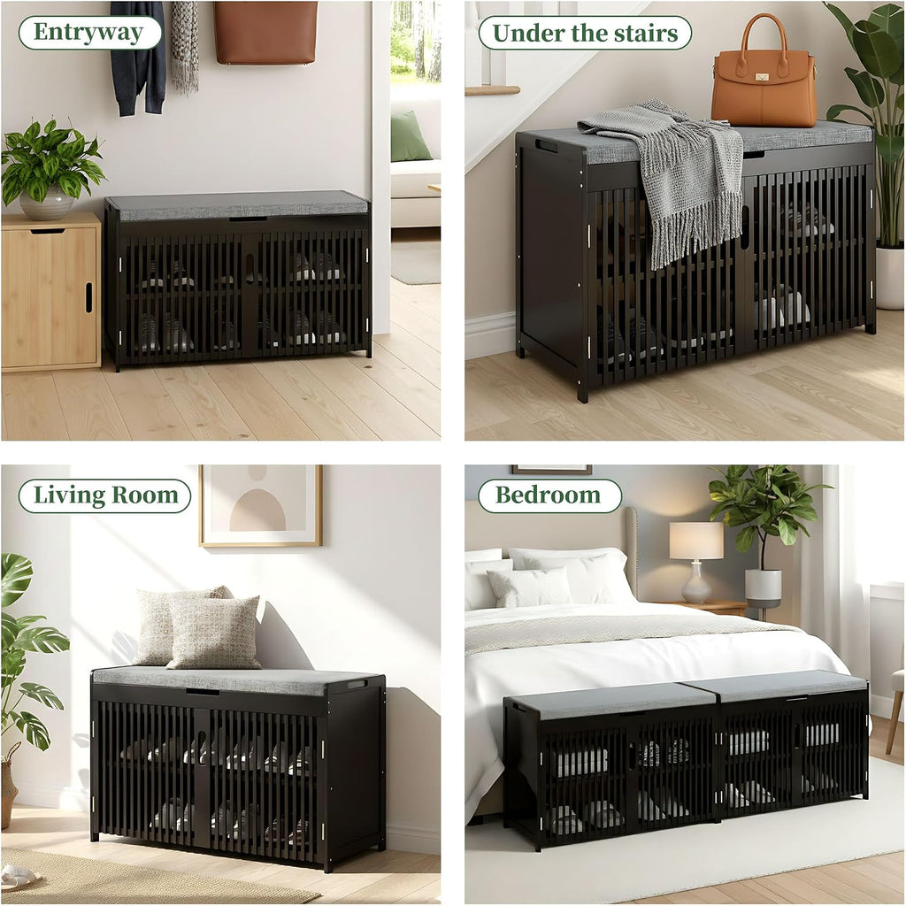 shoe storage bench with cushioned seat 3-tier entryway, close-up detail