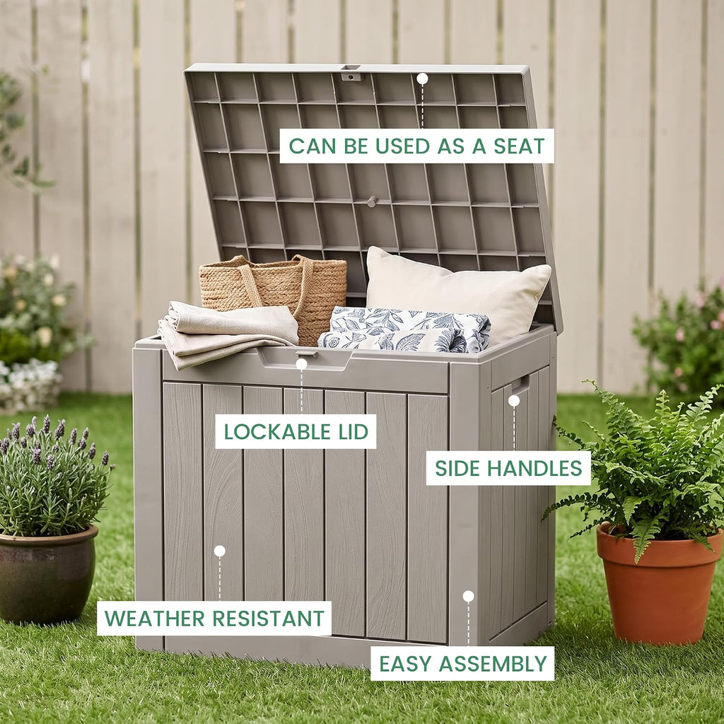 30 Gallon Outdoor Storage Box, Waterproof Resin Deck Box with Side Handles, Lockable Outdoor Bench for Indoor & Outdoor Use, Storage Bin for Patio Cushions, Garden Tools