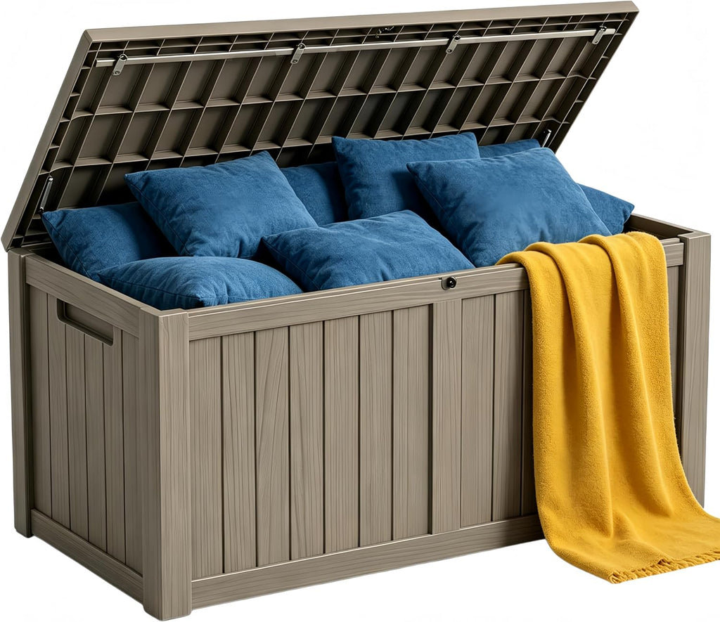 178 Gallon Large Resin Outdoor Storage Box, Waterproof Deck Box, Lockable Deck Container with Reinforced Support, Outdoor Chest for Patio Accessories, Outdoor Cushions, Garden Tools, Taupe Gray