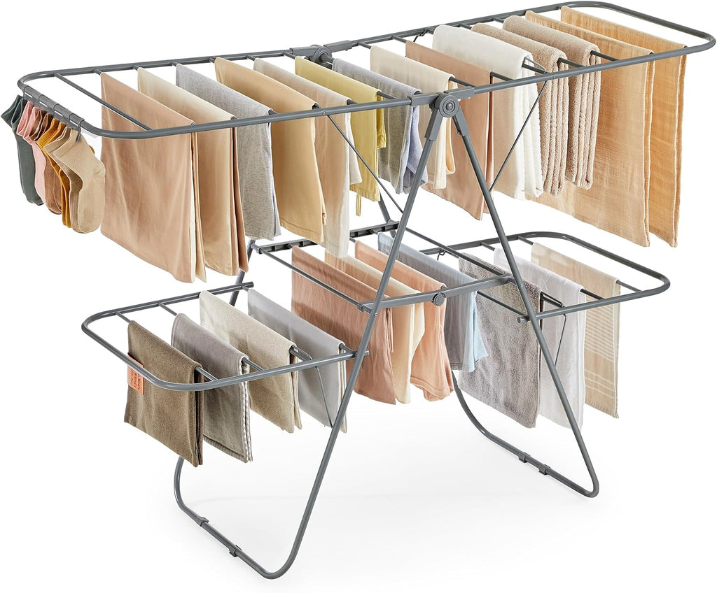SONGMICS Clothes Drying Rack, Foldable 2-Level Laundry Drying Rack,