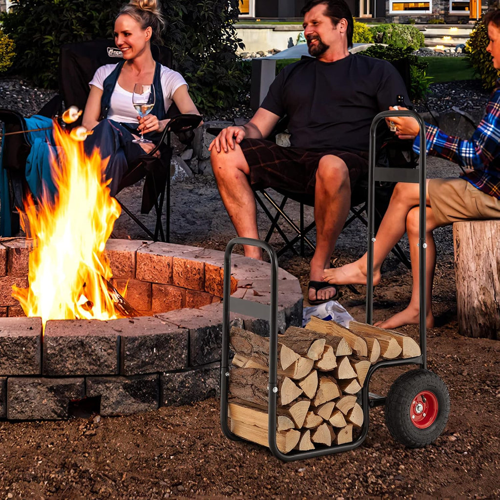 happygrill firewood cart with wheels, rolling fire wood shown in use