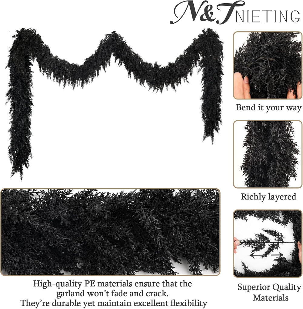 2PCS 9FT Halloween Cedar Garland, Black Real Touch Christmas Decorations