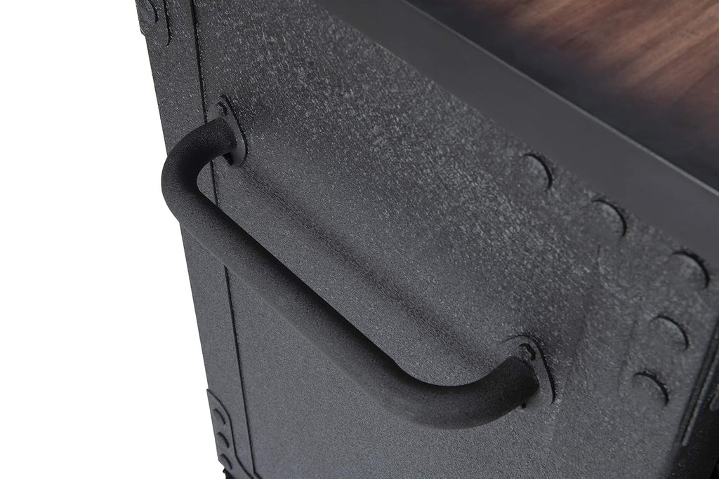 duramax 36 in rolling tool chest with wood on a desk or shelf