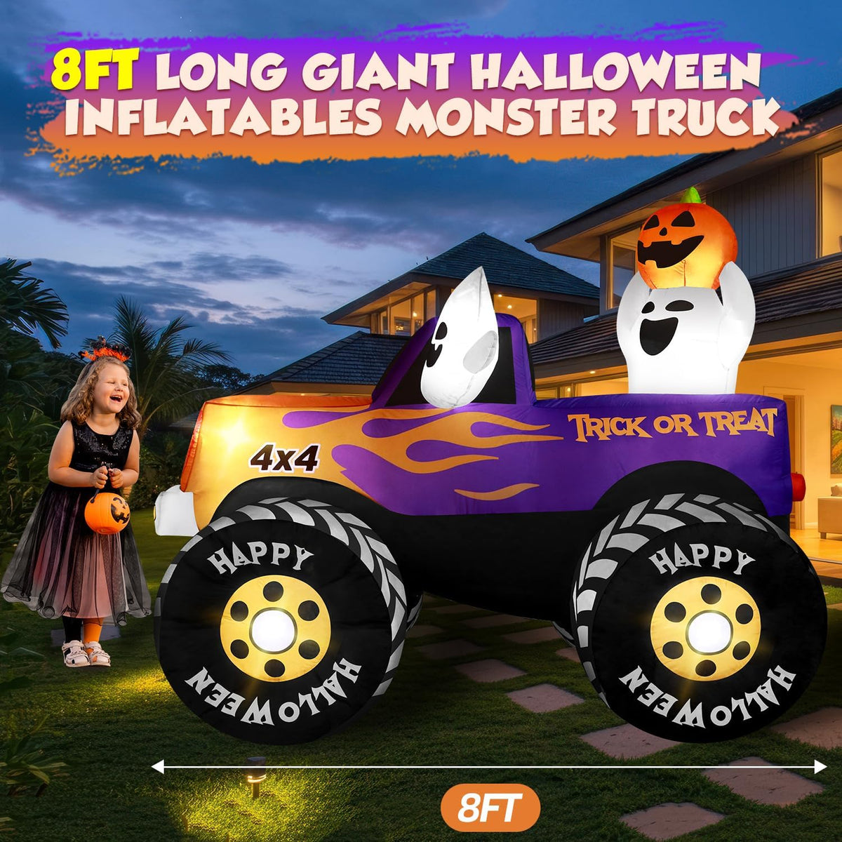 zukakii 8FT Long Halloween Inflatables Decoration Outdoor Monster Truck Car with Ghosts & Pumpkin, Giant Halloween Blow Up Yard Decorations Huge Blowups Built-in LED Light Strong Blower for Festival