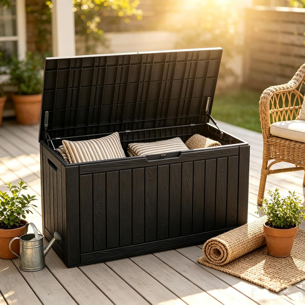 fancyango 110 gallon waterproof deck box, resin outdoor on a desk or shelf