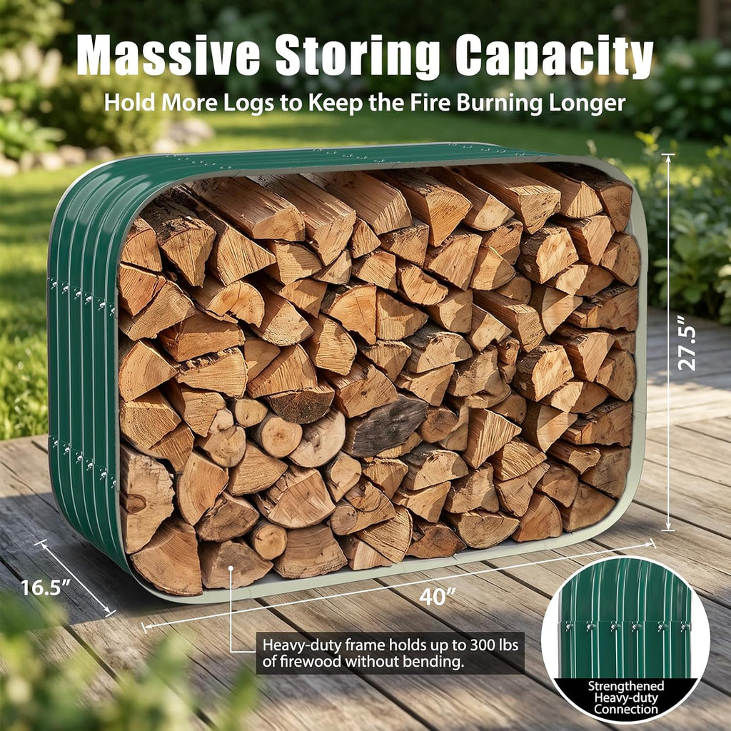 cuboid metal sheet firewood rack indoor and outdoor showing dimensions