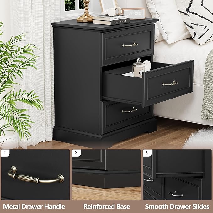 Nightstand with 3 Large Drawers, Rustic Farmhouse Wood Small Dresser, Bedside