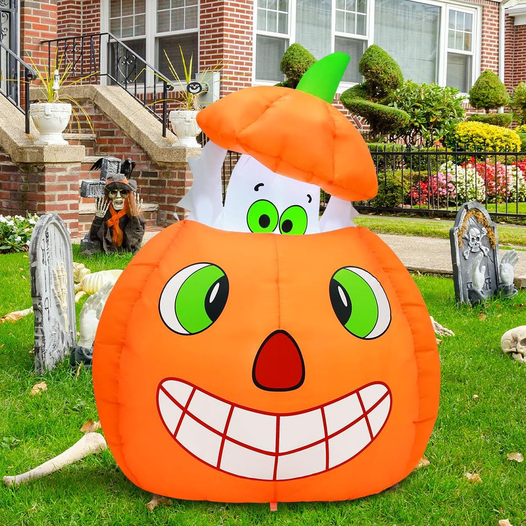 COMIN 5 FT Halloween Inflatables Animated Pumpkin Ghost Outdoor Decorations Blow Up Yard with Built-in LEDs for Indoor Party Garden Lawn Decor