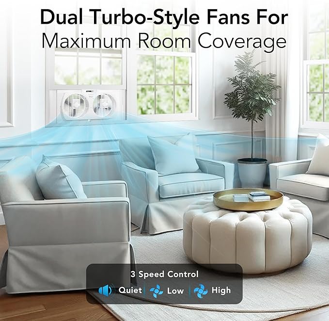 Comfort Zone Window Fan for Bedroom, 9 inch 3 Speed Dual Fans