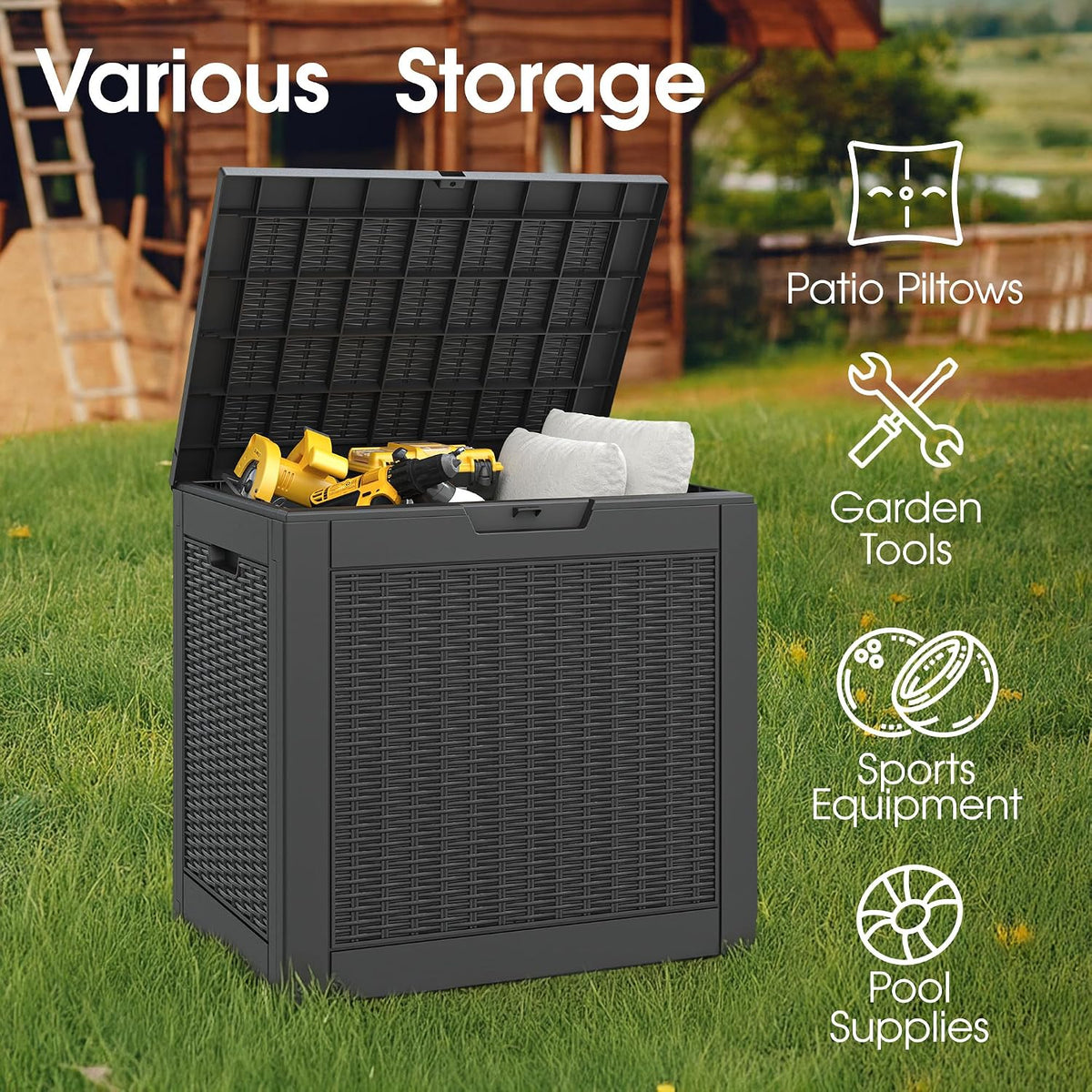 kamaboko outdoor storage box, 30 gallon deck box, side view