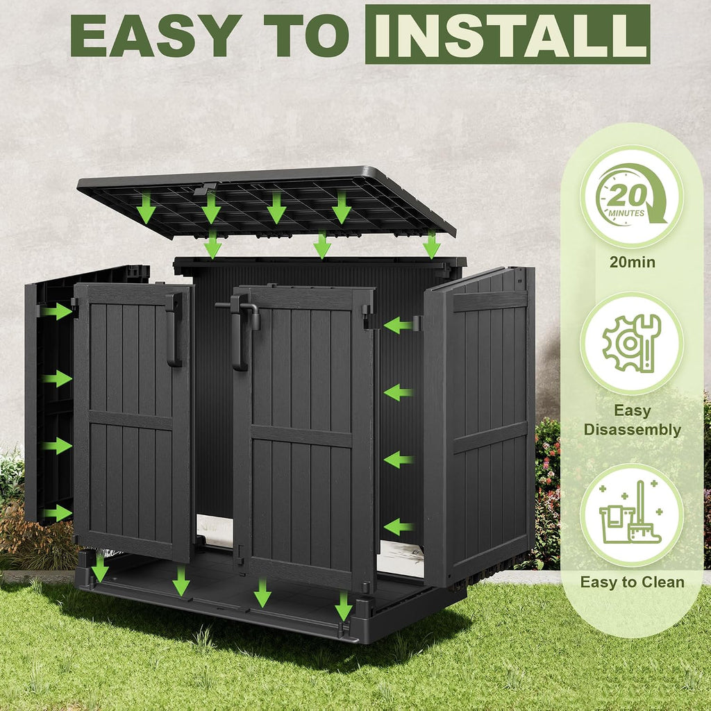 36 cu ft horizontal resin storage shed, weatherproof on a desk or shelf