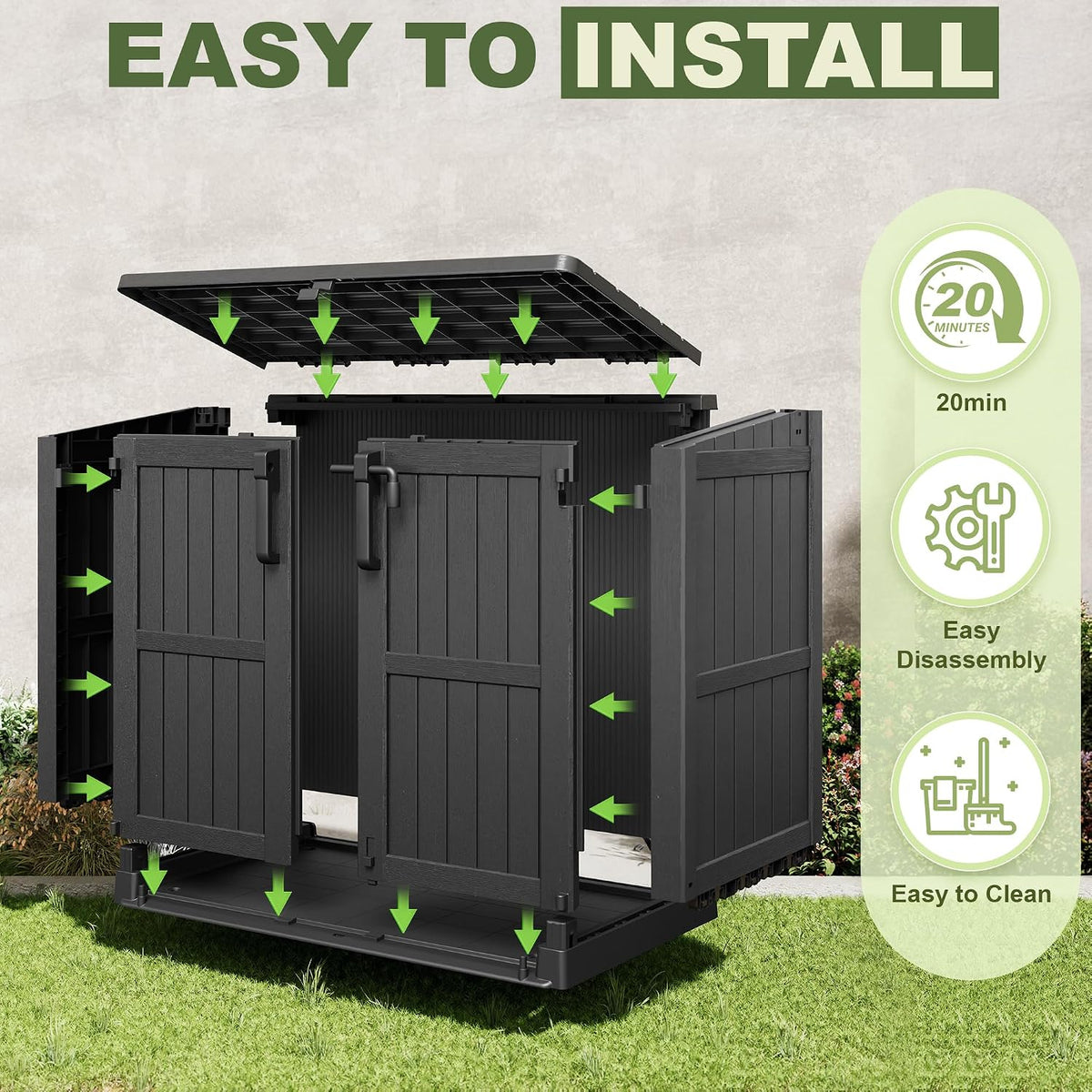 36 cu ft horizontal resin storage shed, weatherproof on a desk or shelf